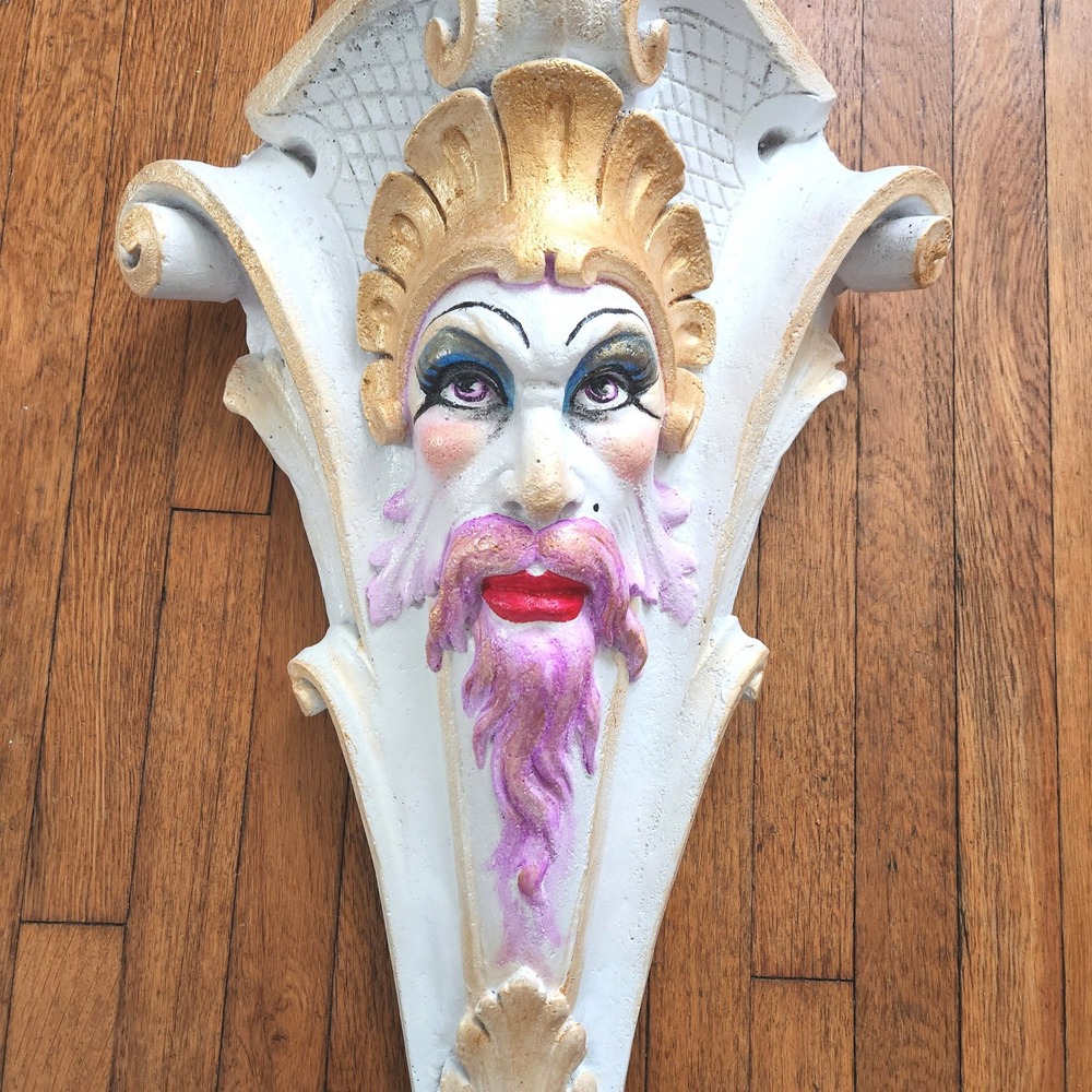 Hand Painted‎ Drag Queen Plaster Wall Corbel Purple Beard Gold White Large Decor